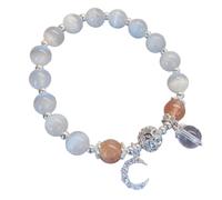 Braccialetto elastico da donna con perle opali e ciondolo a forma di luna, con pietra preziosa bianca da 8 mm, Misura unica, Opale, Nessuna pietra preziosa