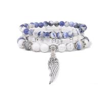 Braccialetto Elastico in Pietra Naturale da 3 Pezzi per Donna e Uomo, Regolabile, Fatto a Mano, con Perline e Ciondolo a Forma di Ala D'Angelo, Braccialetto Yoga, Elegante e Affascinante, Sodalite Bl