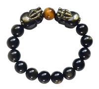 Braccialetto Feng Shui con doppia mascotte, amuleto di ossidiana per guarigione dei chakra, per prosperità e buona fortuna, 12mm, Pietra, Non pietra preziosa