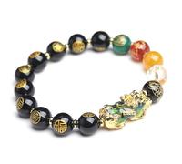 Braccialetto Feng Shui con mascotte di ossidiana, cinque elementi, regolabile, portafortuna per ricchezza e buona fortuna, 12mm, Pietra, Non pietra preziosa