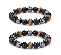 Braccialetto in ematite, con tripla pietra in acciaio duro, alimentato a infrarossi, braccialetto in ossidiana nera, braccialetto con tre perle di occhio di tigre, per uomini e donne, One Size