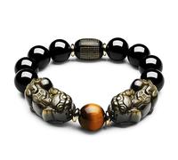 Braccialetto in ossidiana in oro naturale, doppio Pixiu, inciso con sutra buddista, braccialetto portafortuna cinese Feng Shui, braccialetto elastico con pietre preziose per l'energia curativa, attira