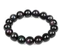 Braccialetto in ossidiana nera con protezione arcobaleno lucentezza, unisex, con pietre naturali di cristallo nero, porta felicità, prosperità e fortuna (ossidiana 14 mm)