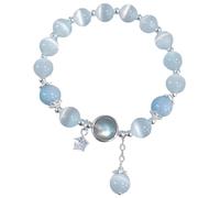 Braccialetto in pietra di luna con ciondolo a forma di stella, dettagli in argento e pietre occhio di gatto, lunghezza 15 cm, perline da 0,8 cm, per il giorno o la notte