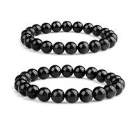 Braccialetto in tormalina nera, 2 pezzi: 8 mm e 10 mm, gioielli in cristallo naturale chakra di grado 3A, pietra portafortuna di ottobre, adatto per polsi da 15,2 a 20,3 cm, porta fortuna, pace e
