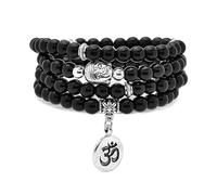 Braccialetto Japa Mala Beads 108, collana con ciondolo Buddha con ciondolo simbolo OM Yoga per uomo o donna (Agata nera (Black Agate))