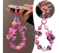 Braccialetto multifunzione alla moda con ciondolo a forma di palla di pelo leopardata e fiocco carino, catenella per cellulare con perline,