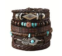 Braccialetto Pelle Uomo,6 Pezzi Bracciale In Pelle Da Uomo Bracciale Largo Intrecciato Multistrato con Pietra Naturale Braccialetti con Perline Regolabili Bracciale Unisex Set Regalo per Ragazzo Mar
