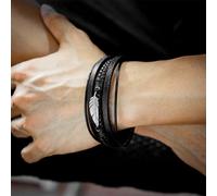 Braccialetto per Uomo Multifilo Pelle Nero Fibbia Acciaio Penna Argento 0108B032