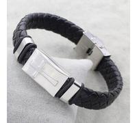 Braccialetto per Uomo Pelle Nero Treccia E Targa Acciaio Inossidabile Croce 21CM