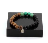 Braccialetto Perle Malachite Del Congo + Aventurina + Onice Nero Opaco + Legno