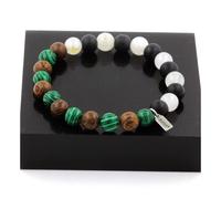 Braccialetto Perle Pietra di Luna + Onice Nero Opaco +Malachite + Legno 8 IN