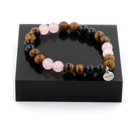 Braccialetto Perle Quarzo Rosa + Occhio di Tigre + Agata Nero + Legno 8 Mm.