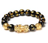 Braccialetto Portafortuna, Bracciale Feng Shui in Ossidiana Nera, Bracciale con Perline Piyao Bucket, energetico Wealth Six Words Pietra preziosa Naturale in, 12 mm