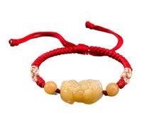 Braccialetto Portafortuna, Bracciale Feng Shui Pixiu/Pi Yao in Pietra di Giada Gialla con Corda Rossa Buddista Fatto a Mano Portafortuna Nera Regolabile Donna Uomo, Rosso(Red)