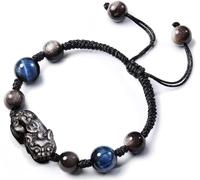 Braccialetto Portafortuna, Braccialetto Feng Shui in Ossidiana Nera, Bracciale Pixiu in Argento Naturale con Blu e Occhio di Tigre, Portafortuna for Uomo Donna, for Soldi buona Fortuna