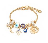 Braccialetto regolabile con mano di Fatima e occhio malocchio, in lega placcata oro 18 carati, con strass scintillanti e ciondoli in cristallo: malocchio, Hamsa, stella, luna, sole, protezione