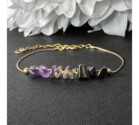 Braccialetto sottile con ametista, quarzo fumé e ematite, disponibile nei colori oro e argento, con catena di estensione regolabile, lenitivo per l'ansia, radicante, calmante, gioiello da donna in cri