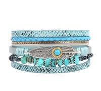 Braccialetto Uomo,Bracciale Boho In Pelle Unisex Multistrato Classico Fatto A Mano Intrecciato Largo con Ampio Polsino Magnetico In Piuma Turchese per Donna E Uomo Regalo Di Gioielli Blu Lago + Piet