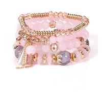 Bracciali Bohemien,Bracciale con Perline di Cristallo Rosa Set di Braccialetti Multistrato Bohémien Bracciale Elasticizzato in Pietra Naturale da 8 Mm Braccialetto di Loto con Nappe alla Moda per Uo
