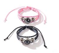 Bracciali coppia Moon & Sun-Bracciale in pelle con perline a più strati punk vintage con cordino regolabile in PU e chiusura in vetro, set regalo di coppia Boho di diametro 6cm