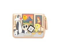 Braccialini Allround Lt Portafoglio modello zip around decorato con una stampa ispirata all’universo dei Looney Tunes, dove Silvestro e Titti visitano un museo tra opere d’arte, dettagli rétro e