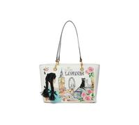 Braccialini Cartoline London Borsa shopping con doppio manico e tracolla removibile e regolabile sulla quale è rappresentata la fantastica Londra. Decorata con una stampa vivace e dettagli