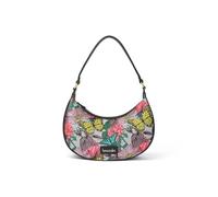 Braccialini Jacquard Borsa a spalla dalla forma tondeggiante realizzata in materiale sintetico e tessuto. Sullo sfondo grigio spiccano le grandi farfalle gialle e rosa e i fiori.