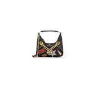 Braccialini Rock Borsa a spalla con patch realizzati a ricamo e applicazioni in jais e paillettes arricchiti da una fitta cascata di micro borchiette dorate e da una maxi catena con ciondolo logato a