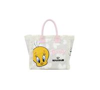 Braccialini Summer Special Lt Realizzata in resistente canvas, questa borsa unisce praticità e stile con una stampa vivace e ironica dedicata a Tweety. I dettagli sfrangiati sui bordi e i manici rosa