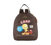 Braccialini Amy Lt Zaino in similpelle marrone decorato con una vivace stampa dedicata a Titti alle prese con una golosa fetta di torta. Il design è arricchito da scritte ispirate al mondo delle