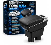 Bracciolo Auto per Ford Ka Plus 2016-2019 - Poggia braccio per Auto in Pelle Nera con Posacenere e Vano Portaoggetti