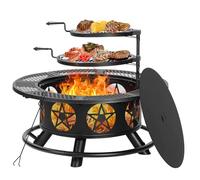 Braciere da 106 cm con 2 griglie, braciere a legna extra large per esterni con coperchio e attizzatoio, braciere resistente, barbecue e tavolo rotondo in metallo 3 in 1 per patio, picnic, feste
