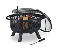 Relaxdays Braciere con Griglia per Carbonella, D: 75 cm, Parascintille & Attizzatoio, Arredo da Esterno, Metallo, Nero