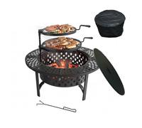 Braciere Relaxdays, Ø 92 cm, 2 griglie regolabili, coperchio, attizzatoio, copertura, per giardino, nero