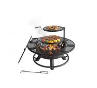 Braciere Relaxdays, Ø 92 cm, 2 Griglie Regolabili, Coperchio, attizzatoio e Copertura, per Giardino, Nero