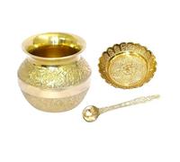 BRACOP® Brocca per Acqua per Pooja pentola Kalash Indiana con Piatto Floreale Set da 3 cucchiai caraffa in Rame per Acqua pentola Kalash Lota utensile da Portata Cucchiaio Fatto a Mano pentola