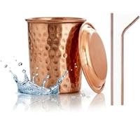BRACOP® Caraffa in rame con coperchio, brocca per acqua, bicchieri e cannucce, tazza ayurvedica a prova di perdite, per casa, ufficio, viaggi, riutilizzabili, fatti a mano, regali di inaugurazione
