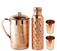 BRACOP Set di bottiglie d'acqua in rame con brocca e vetro con coperchio, in rame, a prova di perdite, bottiglia ayurvedica con coperchio, per casa, ufficio, viaggi, brocca da portata regalo per