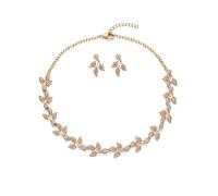 Brado Jewellery Set di collana e orecchini in ottone placcato oro, design a foglia con diamante americano bianco, per donne e ragazze, catena per collo regolabile, alla moda, contemporanea, anti