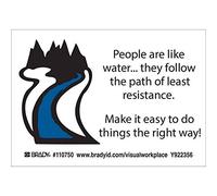 Brady 110750 - Etichetta autoadesiva in poliestere, nera su bianco, 8,9 cm di altezza x 12,7 cm di larghezza, leggenda "People Are Like Water.. They Follow The Path Of Less Resistance. Rendilo facile fare le cose nel modo giusto!" (10 etichette per confezione)