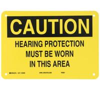 Brady 25464 - Targa in plastica B-401, 25,4 cm di larghezza x 17,8 cm di altezza, colore nero su giallo, protezione dell'orecchio, intestazione "Caution", Legend "Hearing Protection Must Be Worn In This Area"