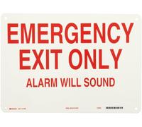 Brady 41048 - Targa per porta in alluminio, 35,6 x 25,4 cm, colore: rosso su bianco, "Emergency Exit Only: Alarm Will Sound"