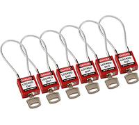 Brady Lucchetto con Cavo Compatto Confezione da 6 - Lucchetto di Sicurezza Lockout Tagout - Chiavi Diverse - 32mm x 35mm x 16mm - Lunghezza del Cavo 200mm, Rosso