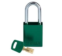Brady SafeKey - Lucchetto in alluminio con chiave, serratura di sicurezza per interni ed esterni, altezza grillo: 38,10 mm, chiave diversa, verde