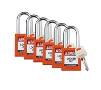 Brady SDPL-ORG-38ST-KD6 - Set di 6 lucchetti di sicurezza con chiave, 1 chiave per blocco, colore: arancione