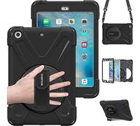 BRAECN per Cover iPad iPad Mini 3/2/1 7.9 Pollici Modello 2014/2013/2012, Antiurto Robusto Custodia con Supporto Girevole a 360° e Cinturino a Mano, Portapenne, Tracolla Portatile, Nero