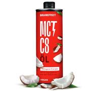 BRAINEFFECT Olio MCT 100% C8 - Qualità tedesca - Olio C8 puro (senza C10) da estratto di cocco di alta qualità - 1000 ml - Bottiglia metallica protettiva