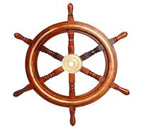 Brainmart Wooden Nautical Premium Handcrafts Ship Wheel - Brass Ring Home Decor with Hub | Wall Decor Hangings | (15 Inches Brass Ring Ship Wheel).
