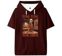 Brainrot Animali Tung Tung Tung Sahur Merch Maglietta con cappuccio a maniche corte Tee Donna Uomo Outdoor Streetwear Top, Marrone, S